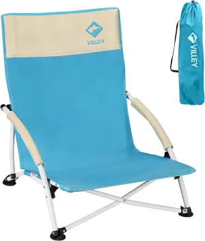 VILLEY Beach Camping Chair, Low Sling Outdoor Portable Lightweight Chair, Cross-Legged Low Chair, Foldable Easy Chair with Carry Bag, for Hiking, Fishing, Climbing, Garden, Sports Events, Blue