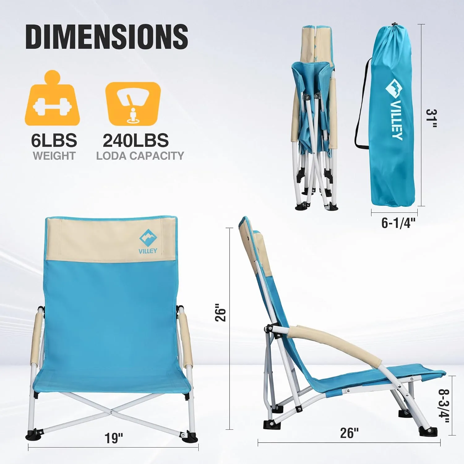 VILLEY Beach Camping Chair, Low Sling Outdoor Portable Lightweight Chair, Cross-Legged Low Chair, Foldable Easy Chair with Carry Bag, for Hiking, Fishing, Climbing, Garden, Sports Events, Blue