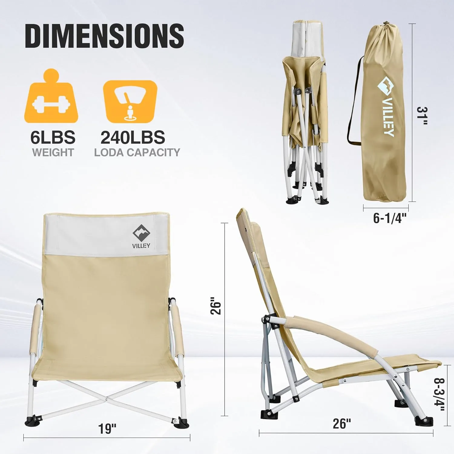 VILLEY Beach Camping Chair - Low Sling Outdoor Portable Lightweight Chair with Carry Bag, for Hiking, Fishing, Climbing, Garden, Sports Events - Khaki