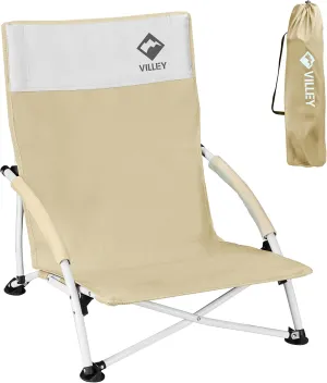 VILLEY Beach Camping Chair - Low Sling Outdoor Portable Lightweight Chair with Carry Bag, for Hiking, Fishing, Climbing, Garden, Sports Events - Khaki