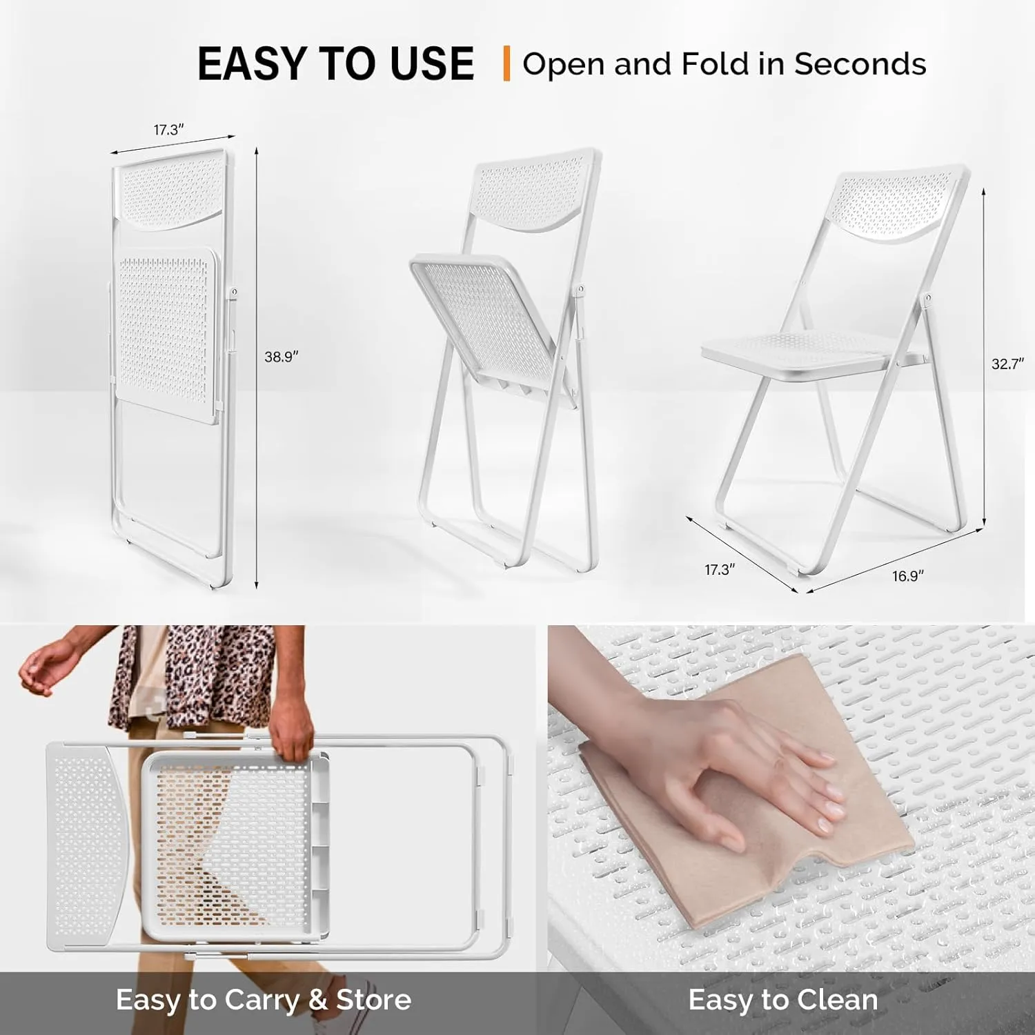 VINGLI Plastic Folding Chairs, Comfortable Foldable Chair with Breathable Mesh Seat and Sturdy Metal Frame 350lbs Capacity for Indoor and Outdoor Use, Party, Event, Office, Dining, White, 4 Pack
