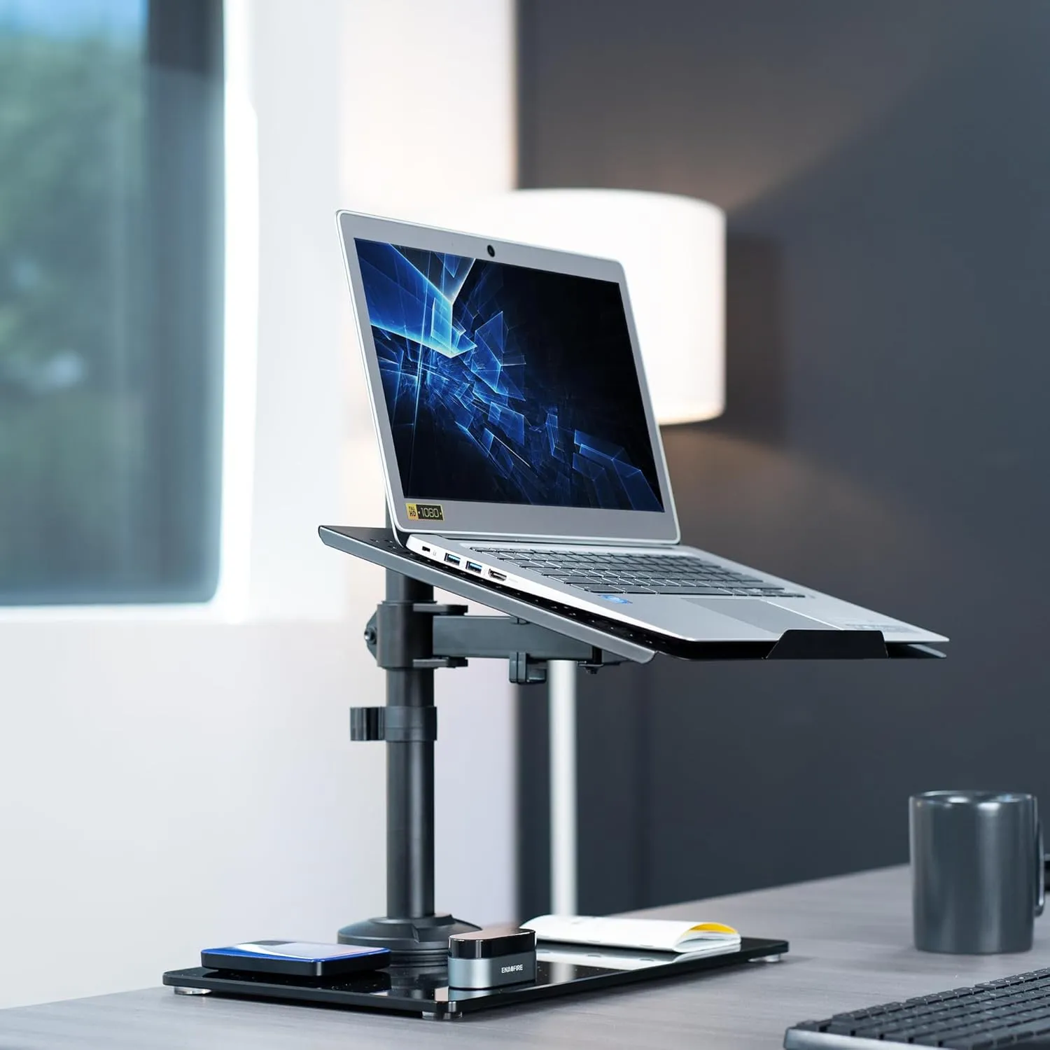 VIVO Free Standing Single Laptop Desk Stand with Sleek Glass Base, Adjustable Arm with Ventilated Notebook Tray, Fits up to 17 inch Laptops, Black, STAND-V001FGL