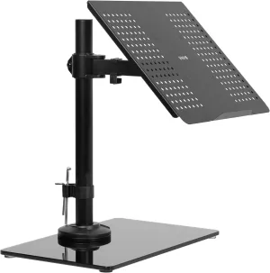 VIVO Free Standing Single Laptop Desk Stand with Sleek Glass Base, Adjustable Arm with Ventilated Notebook Tray, Fits up to 17 inch Laptops, Black, STAND-V001FGL