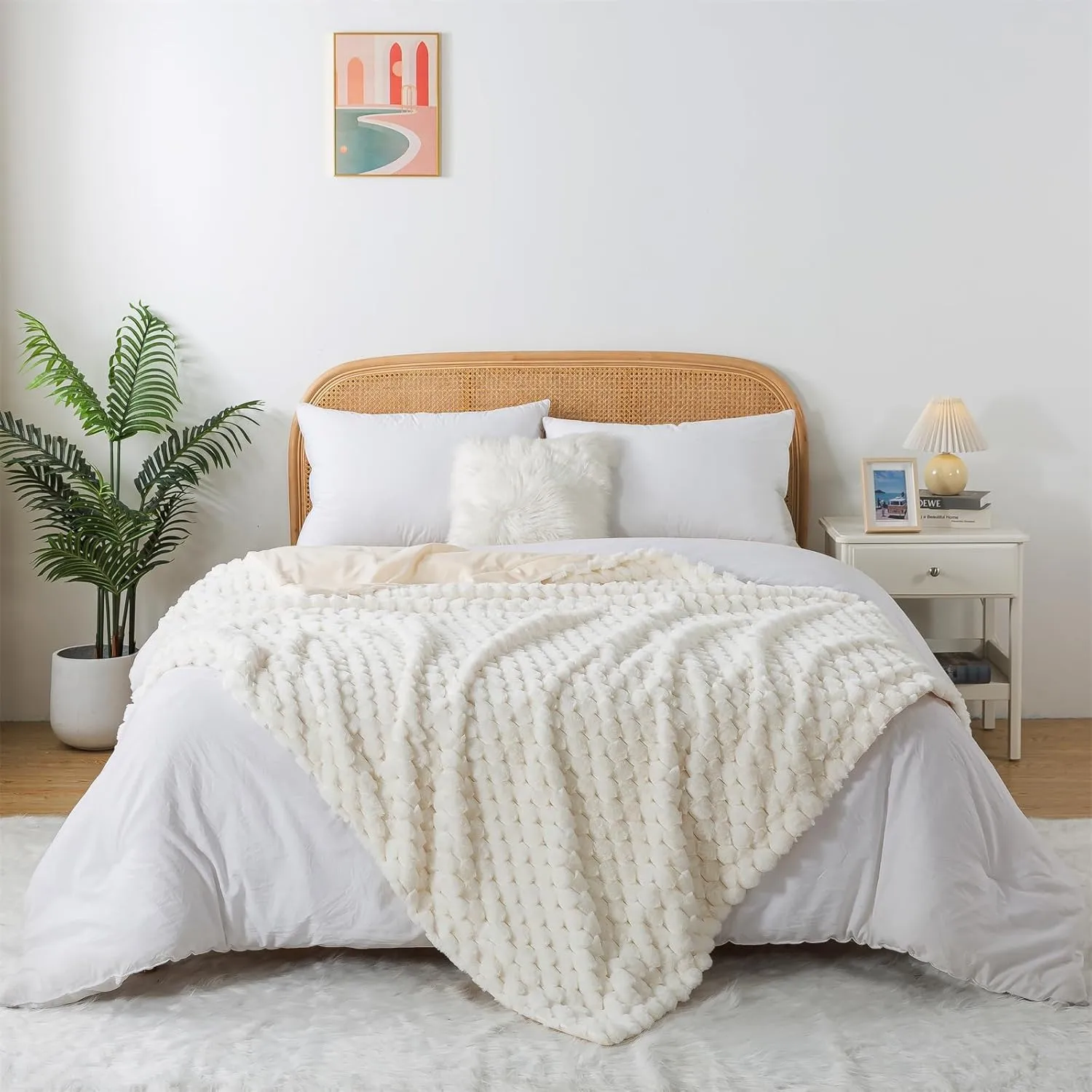 Wajade Plush Faux Rabbit Fur Throw Blanket, Soft Diamond Pattern Jacquard Double-Layered Fluffy Fleece Blanket for All Seasons Cozy Decorative Blanket for Couch Bed Sofa, 50 x 60 inches, Ivory White