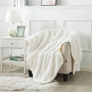 Wajade Plush Faux Rabbit Fur Throw Blanket, Soft Diamond Pattern Jacquard Double-Layered Fluffy Fleece Blanket for All Seasons Cozy Decorative Blanket for Couch Bed Sofa, 50 x 60 inches, Ivory White