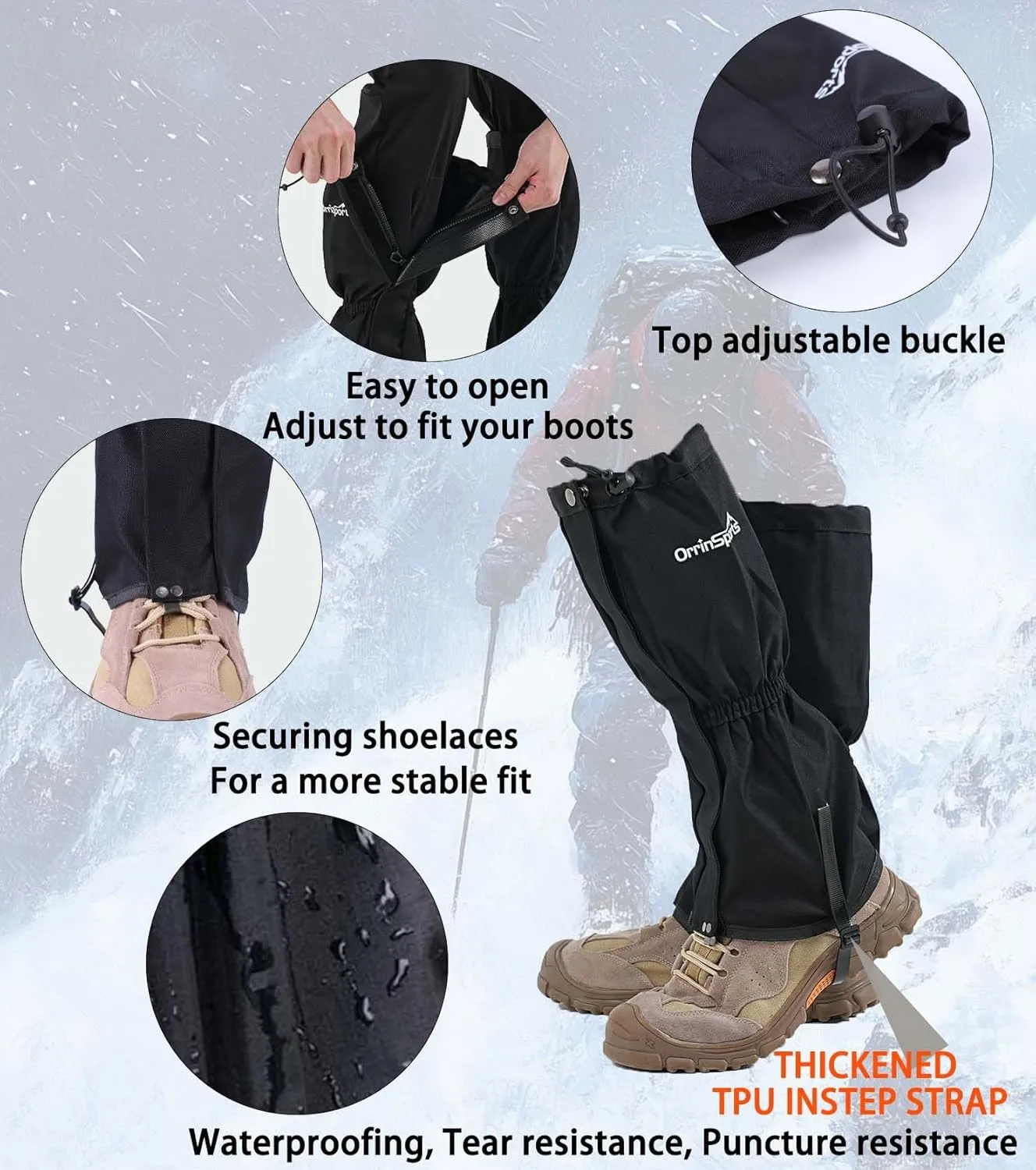 Waterproof Leg Gaiters for Men Women, Adjustable Snow Boot Gators for Hiking, Skiing, Hunting, Outdoor Adventures