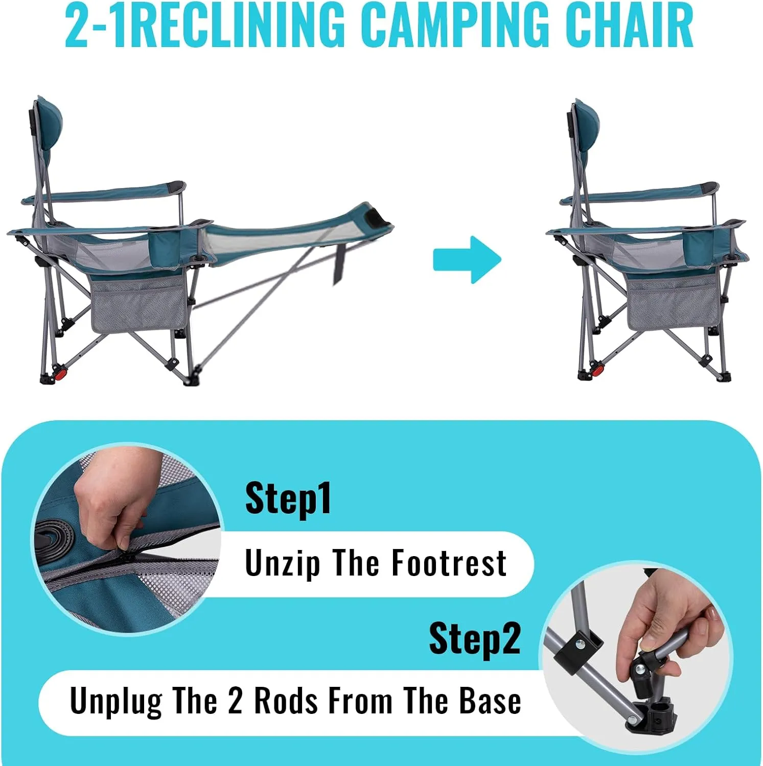 #WEJOY 2-in-1 Reclining Camping Chair with Footrest for Adults Folding Lounge Chair with Adjustable Backrest Lightweight Camping Chairs Heavy Duty Camp Chairs for Outdoor