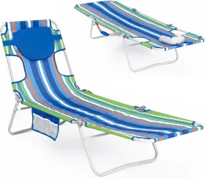 #WEJOY Folding Tanning Chair with Face Hole, 5 Positions Face Down Beach Lounge Chairs with Pillow for Outside Sunbathing Poolside (Blue/Green)