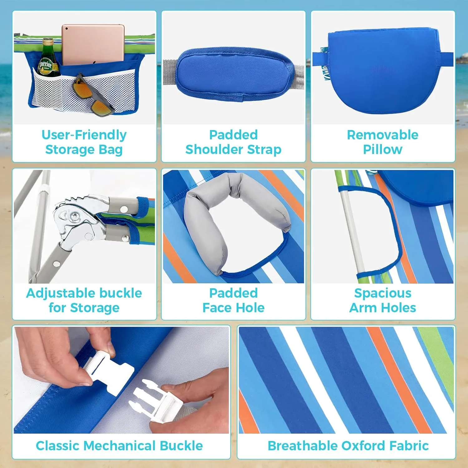 #WEJOY Folding Tanning Chair with Face Hole, 5 Positions Face Down Beach Lounge Chairs with Pillow for Outside Sunbathing Poolside (Blue/Green)