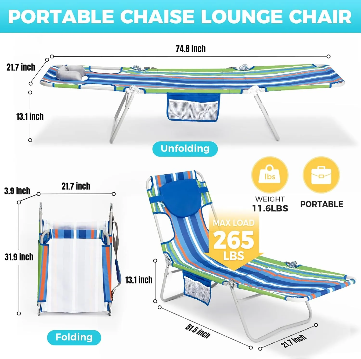 #WEJOY Folding Tanning Chair with Face Hole, 5 Positions Face Down Beach Lounge Chairs with Pillow for Outside Sunbathing Poolside (Blue/Green)