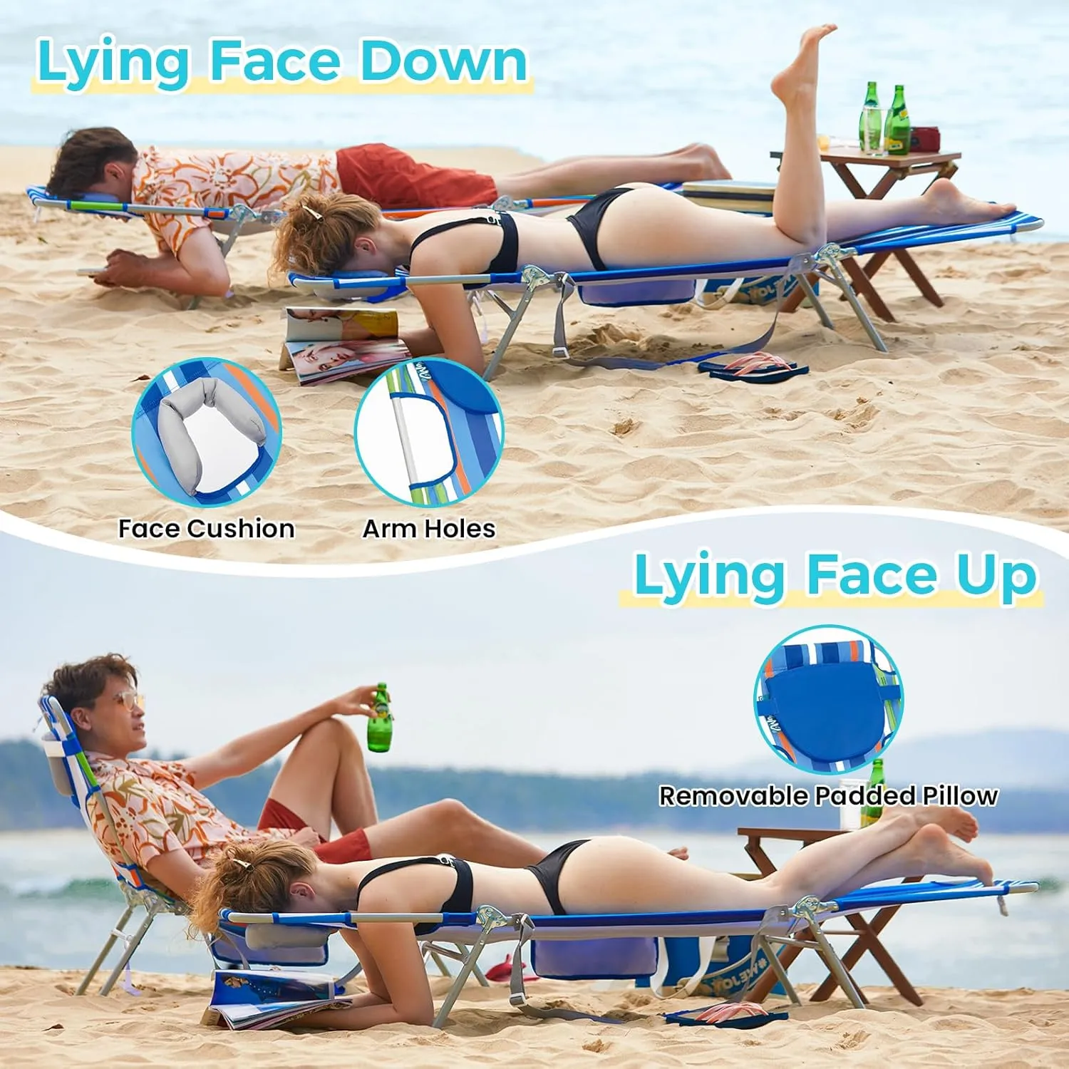#WEJOY Folding Tanning Chair with Face Hole, 5 Positions Face Down Beach Lounge Chairs with Pillow for Outside Sunbathing Poolside (Blue/Green)