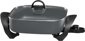 West Bend Electric Skillet Family-Sized 3-Inch Deep with Diamond Shield Scratch-Resistant Non-Stick Finish & Grease Channel for Healthier Cooking, 12-Inch, Gray