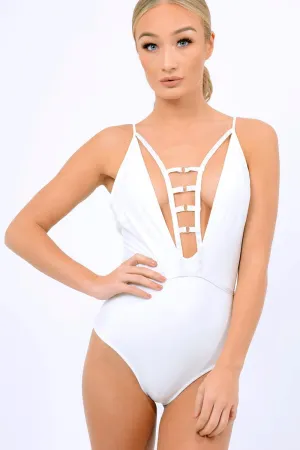 White Deep Plunge Harness Swimsuit - Willow