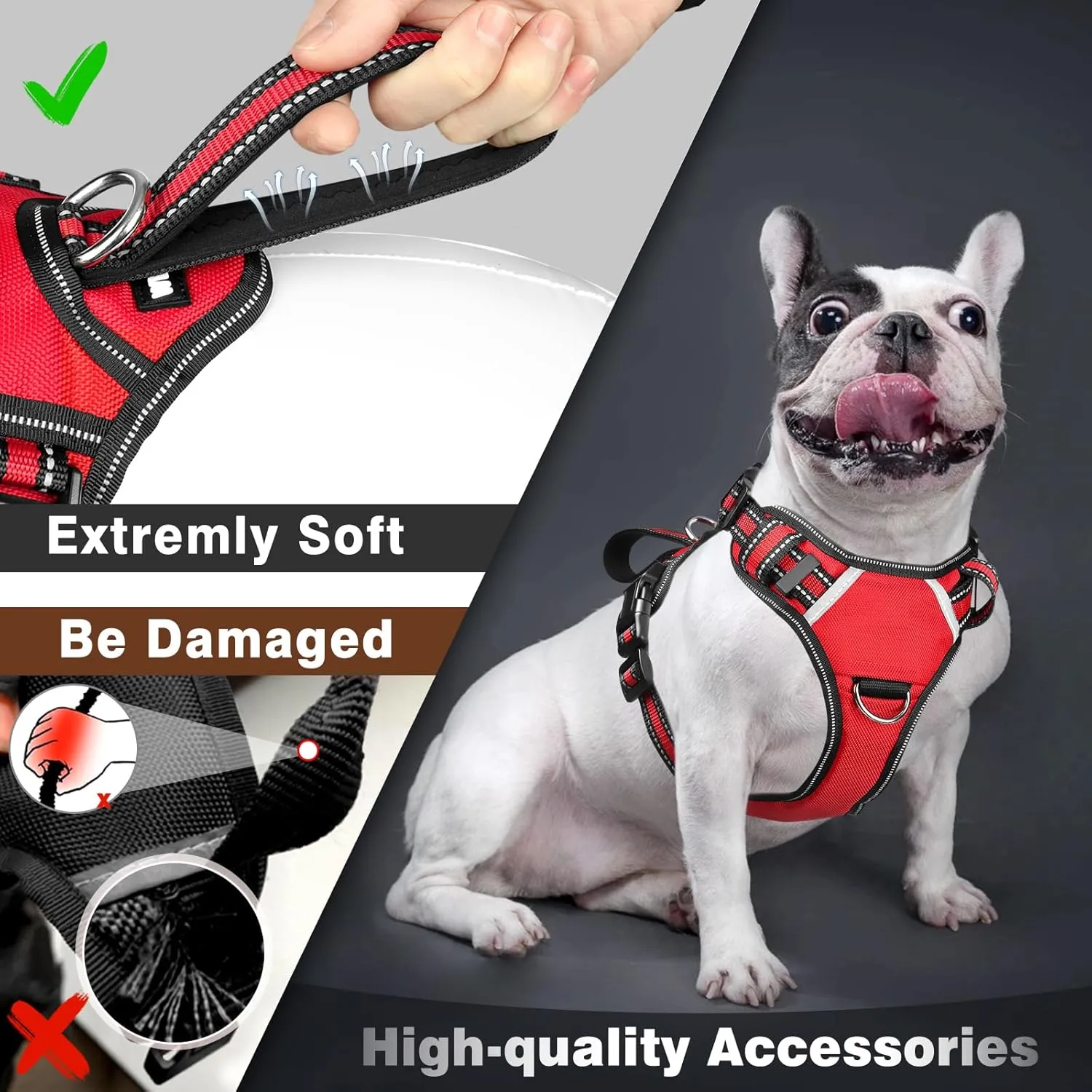 WINSEE Service Dog Vest No Pull Dog Harness with 7 Dog Patches, Reflective Pet Harness with Durable Soft Padded Handle for Small, Medium, Large, and Extra-Large Dogs (Large, Red)