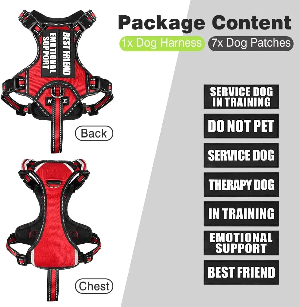 WINSEE Service Dog Vest No Pull Dog Harness with 7 Dog Patches, Reflective Pet Harness with Durable Soft Padded Handle for Small, Medium, Large, and Extra-Large Dogs (Large, Red)