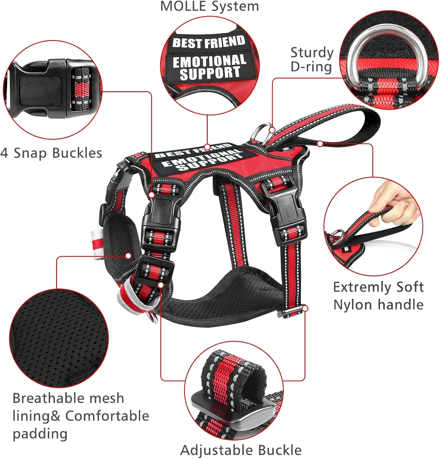 WINSEE Service Dog Vest No Pull Dog Harness with 7 Dog Patches, Reflective Pet Harness with Durable Soft Padded Handle for Small, Medium, Large, and Extra-Large Dogs (Large, Red)