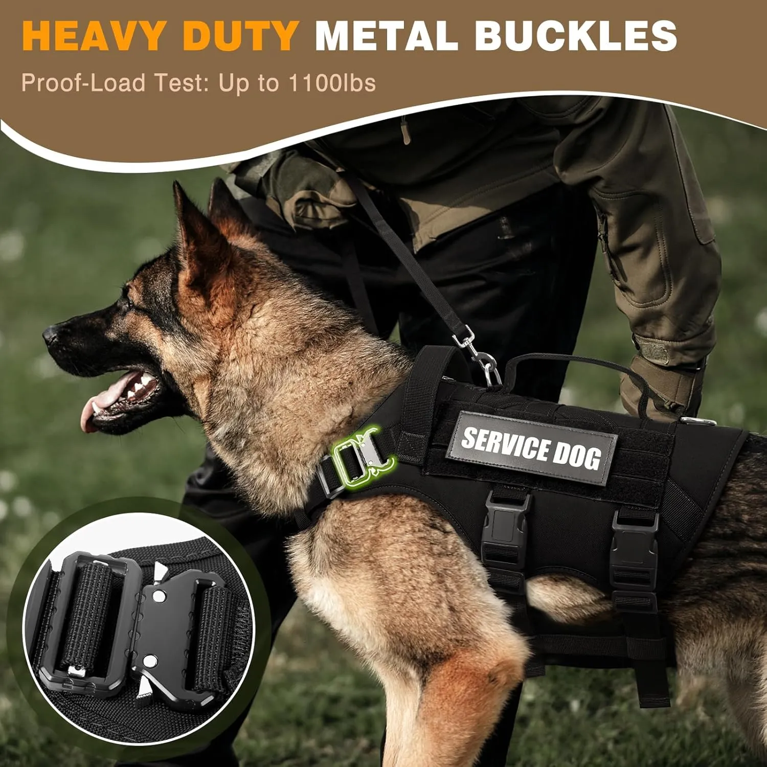 WINSEE Tactical Dog Harness with Dog Leash, Service Working MOLLE Vest with 10 Pet Patches for Large Dog, No Pull Military Harness and Backpack for Training Hunting Walking