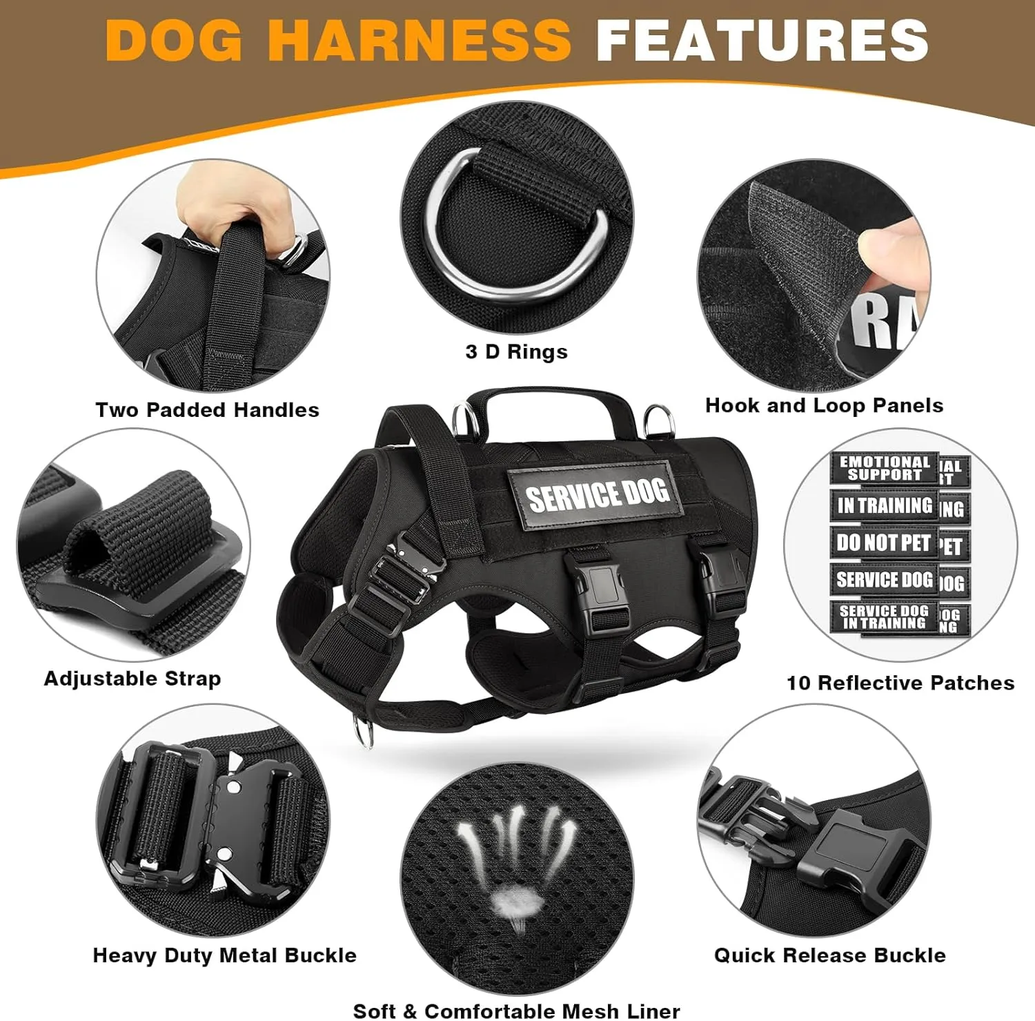 WINSEE Tactical Dog Harness with Dog Leash, Service Working MOLLE Vest with 10 Pet Patches for Large Dog, No Pull Military Harness and Backpack for Training Hunting Walking