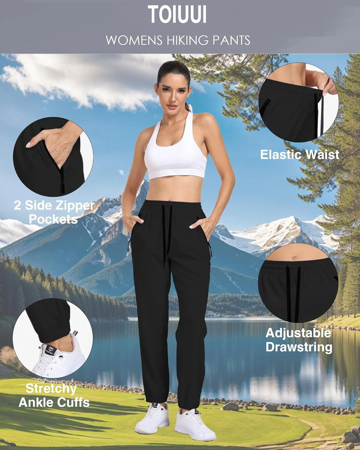 Women's Cargo Hiking Pants Lightweight Water-Resistant UPF 50  Quick Dry Elastic Waist Joggers with Zipper Pockets