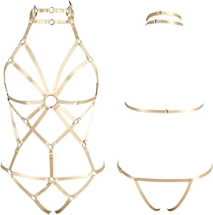 Women's Punk Body Harness Lingerie Full Waist Garter Belts Set Strappy Frame Cage Rave bras
