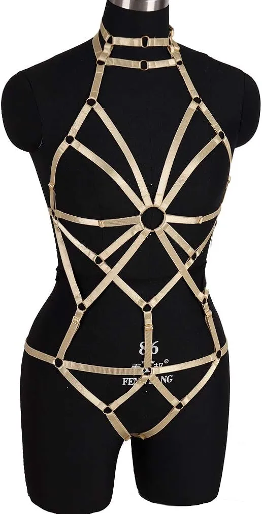 Women's Punk Body Harness Lingerie Full Waist Garter Belts Set Strappy Frame Cage Rave bras