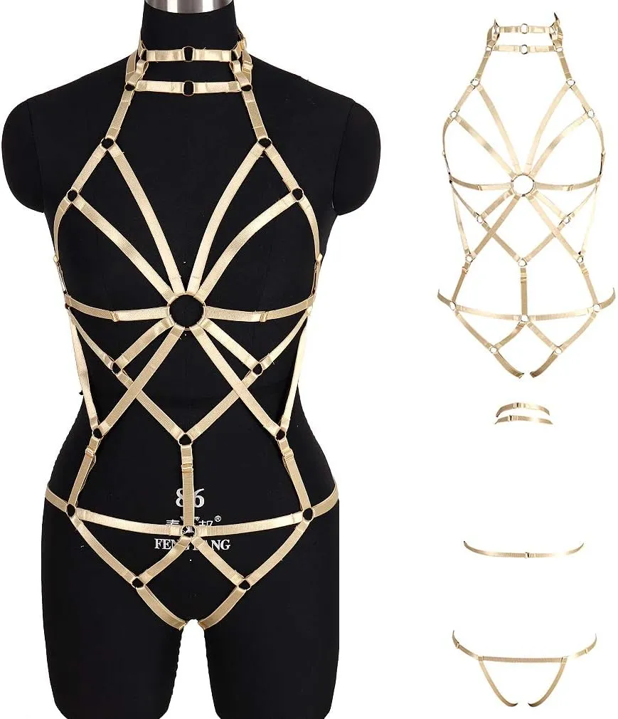 Women's Punk Body Harness Lingerie Full Waist Garter Belts Set Strappy Frame Cage Rave bras