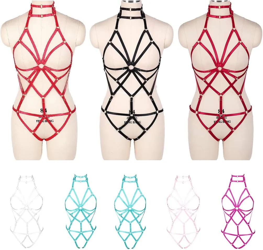 Women's Punk Body Harness Lingerie Full Waist Garter Belts Set Strappy Frame Cage Rave bras