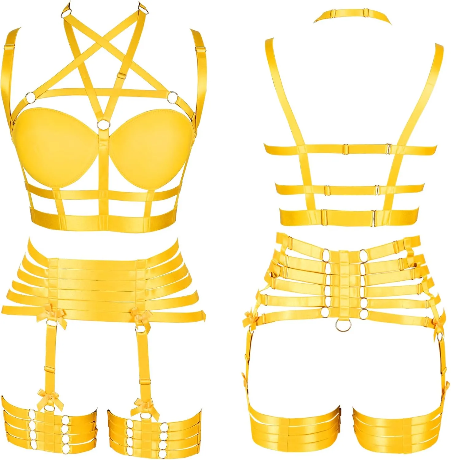 Womens Strappy Full Cage Body Harness Lingerie Garter Belt Set Elastic Hollow Tops Bralette Punk Gothic Festival Rave Wear