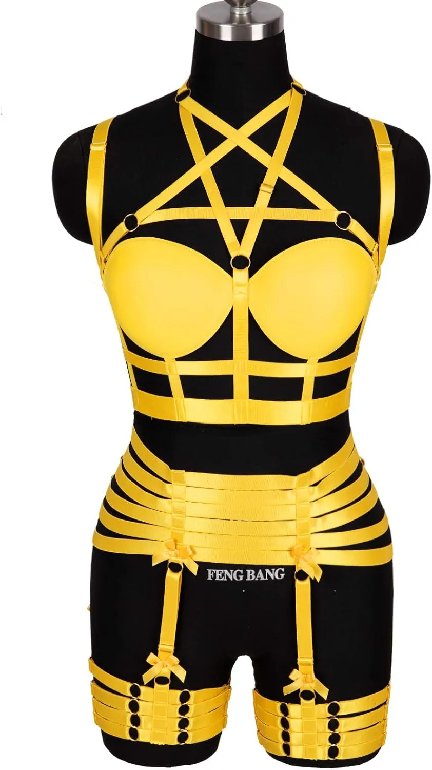 Womens Strappy Full Cage Body Harness Lingerie Garter Belt Set Elastic Hollow Tops Bralette Punk Gothic Festival Rave Wear