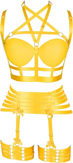 Womens Strappy Full Cage Body Harness Lingerie Garter Belt Set Elastic Hollow Tops Bralette Punk Gothic Festival Rave Wear