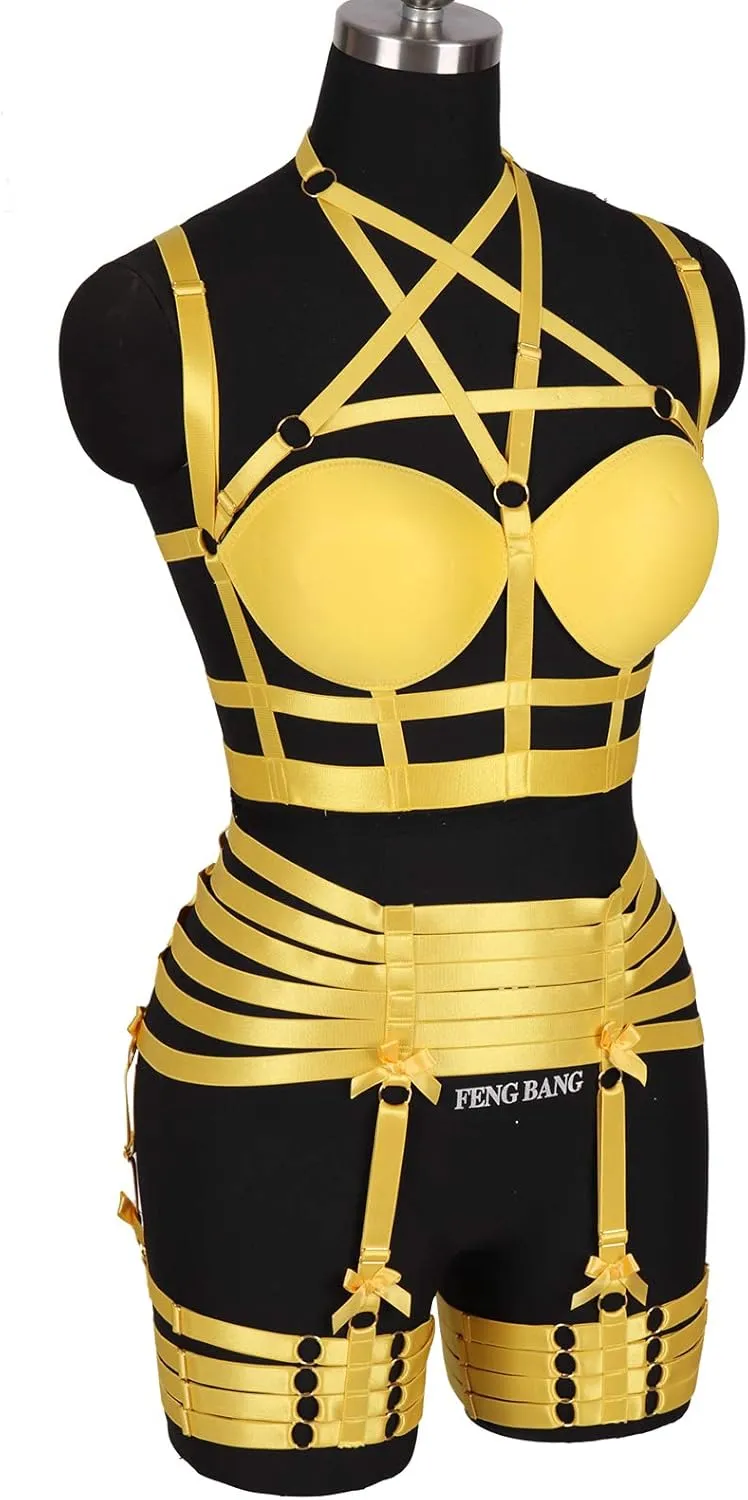 Womens Strappy Full Cage Body Harness Lingerie Garter Belt Set Elastic Hollow Tops Bralette Punk Gothic Festival Rave Wear