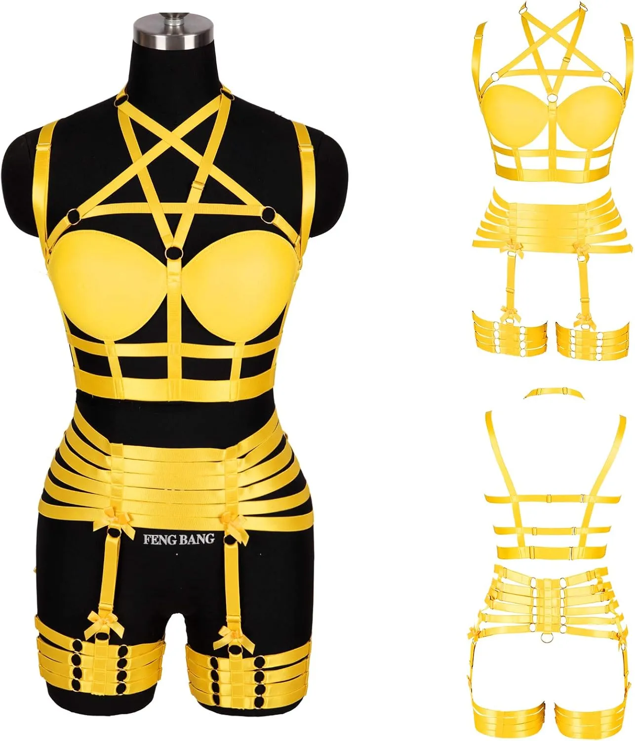 Womens Strappy Full Cage Body Harness Lingerie Garter Belt Set Elastic Hollow Tops Bralette Punk Gothic Festival Rave Wear