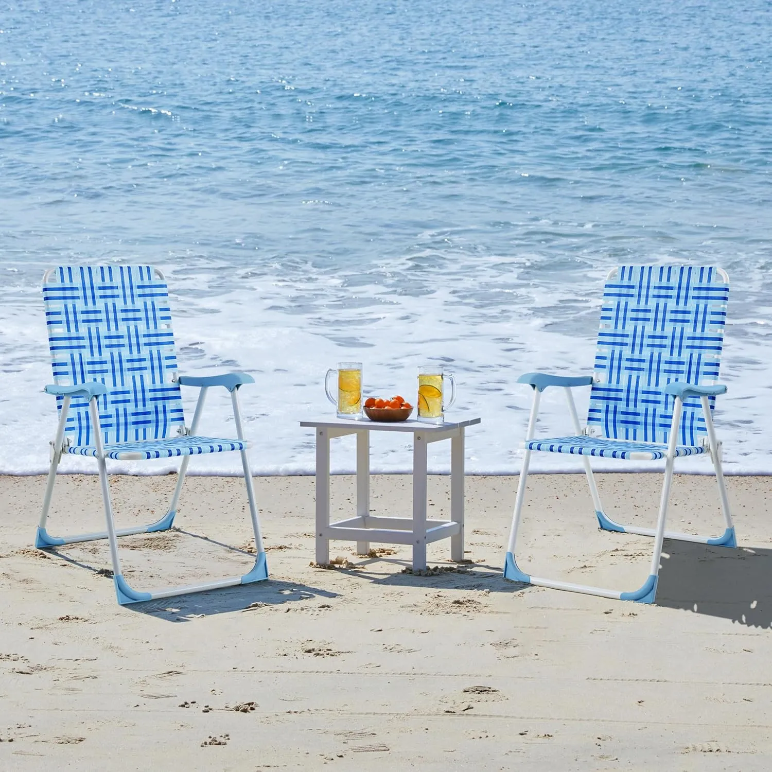 Yaheetech Set of 2 Outdoor Beach Camping Chair, Folding Lawn Chair with Armrests for Adults Portable Robust Iron Frame Chairs for Patio, Backyard, Poolside, Blue