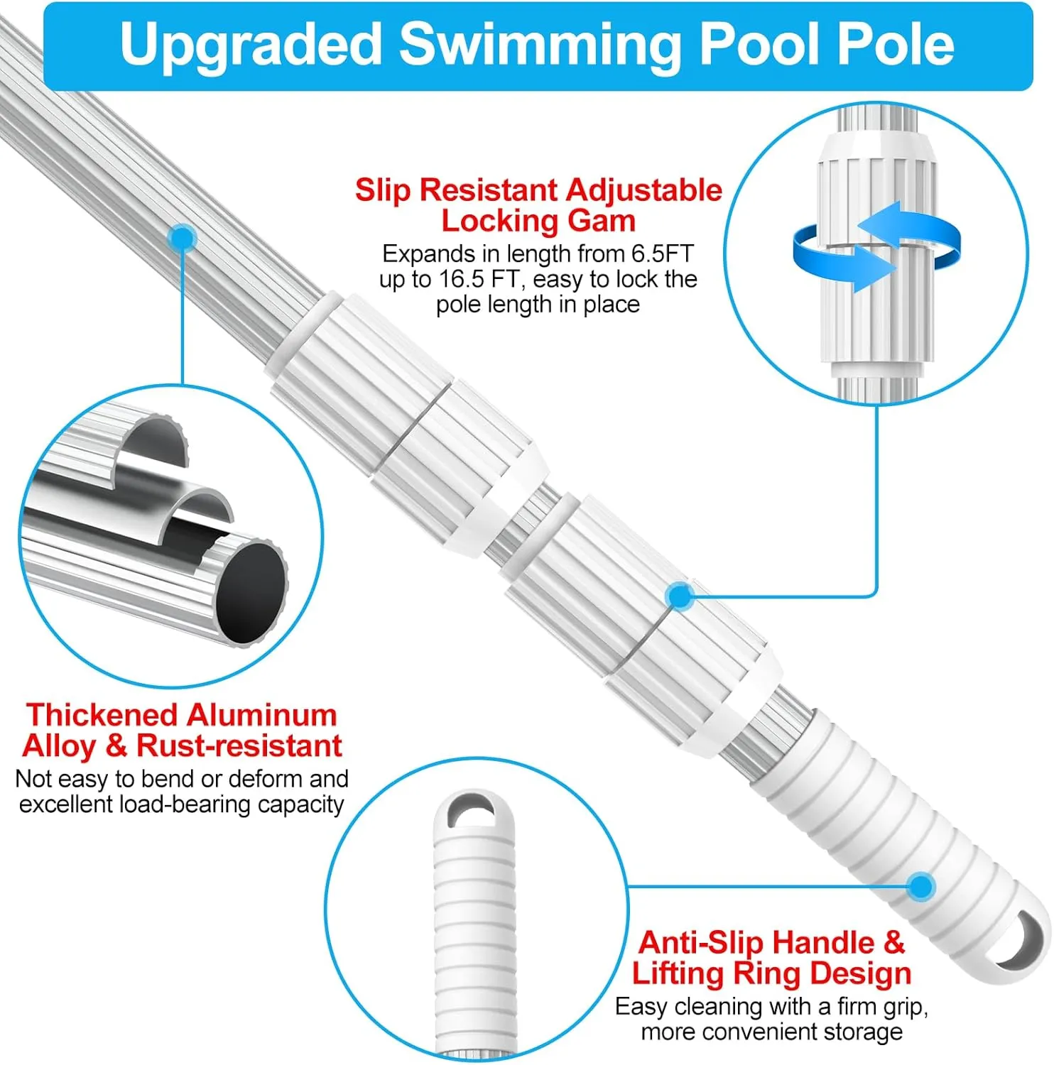 YEECHUN Professional 16.5 Foot Swimming Pool Pole Telescopic Heavy Duty Aluminum, Adjustable Length 6.5 to 16.5 Feet, Universal Pole for Skimmer Net Rake, Hooks, Vacuum Heads and Brushes