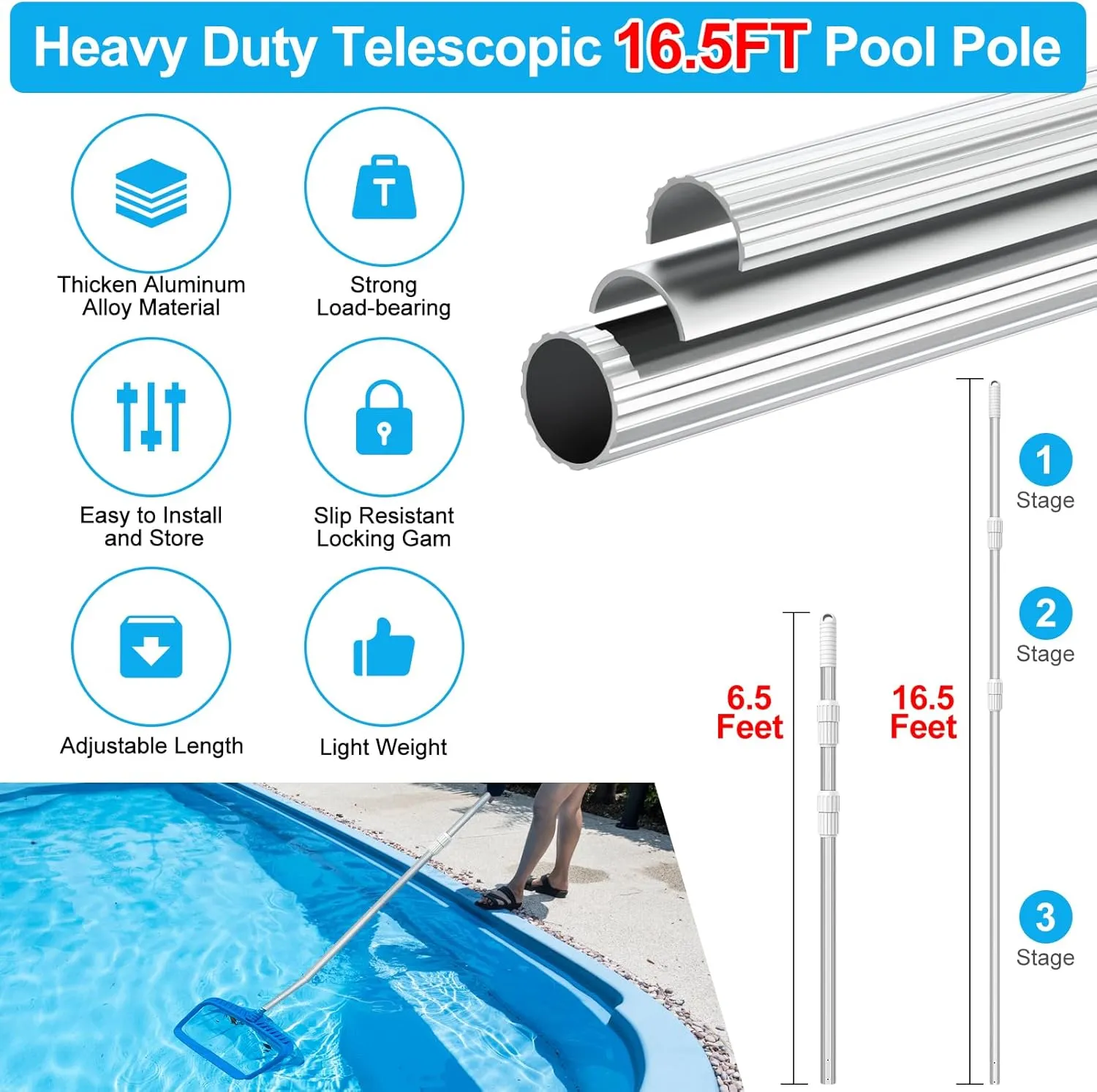 YEECHUN Professional 16.5 Foot Swimming Pool Pole Telescopic Heavy Duty Aluminum, Adjustable Length 6.5 to 16.5 Feet, Universal Pole for Skimmer Net Rake, Hooks, Vacuum Heads and Brushes