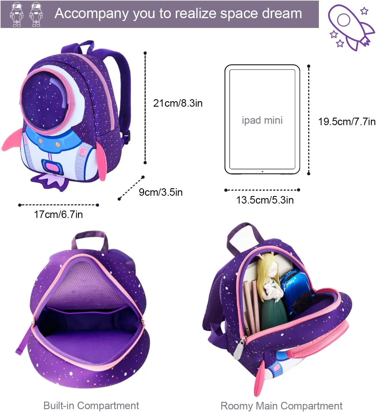 yisibo Rocket Toddler Backpack with Harness Leash Snack Nursery Bags for Kids Baby Boy Girl 1-3 Years Old(Purple)