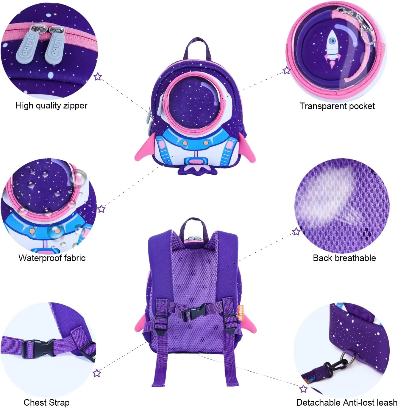 yisibo Rocket Toddler Backpack with Harness Leash Snack Nursery Bags for Kids Baby Boy Girl 1-3 Years Old(Purple)