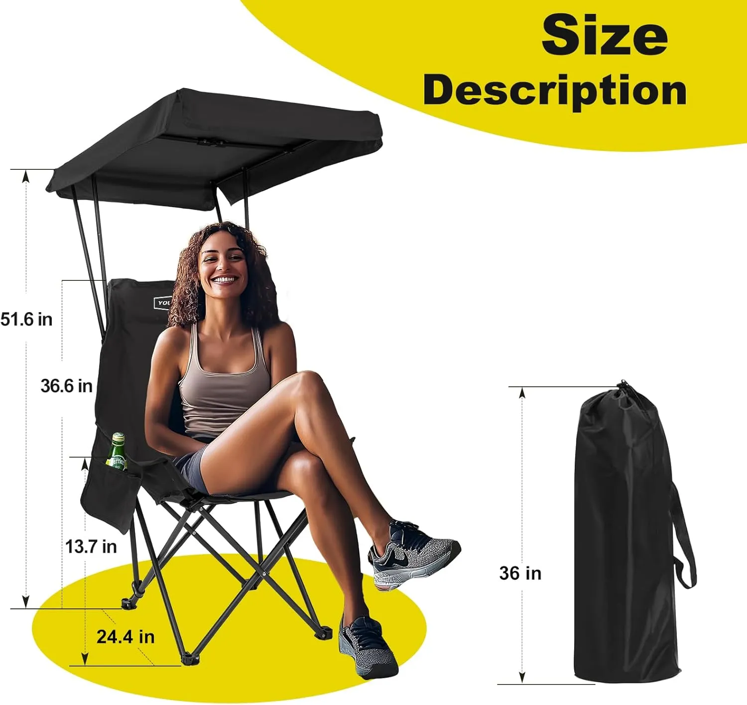 YOUNG WOOD Portable Camping Chair Beach Chair with Shade Canopy, Fold Lightweight Oversized for All, Easy to Open, Close Without Installation, Side Pocket Design for All Outdoor Activities, Black,2p