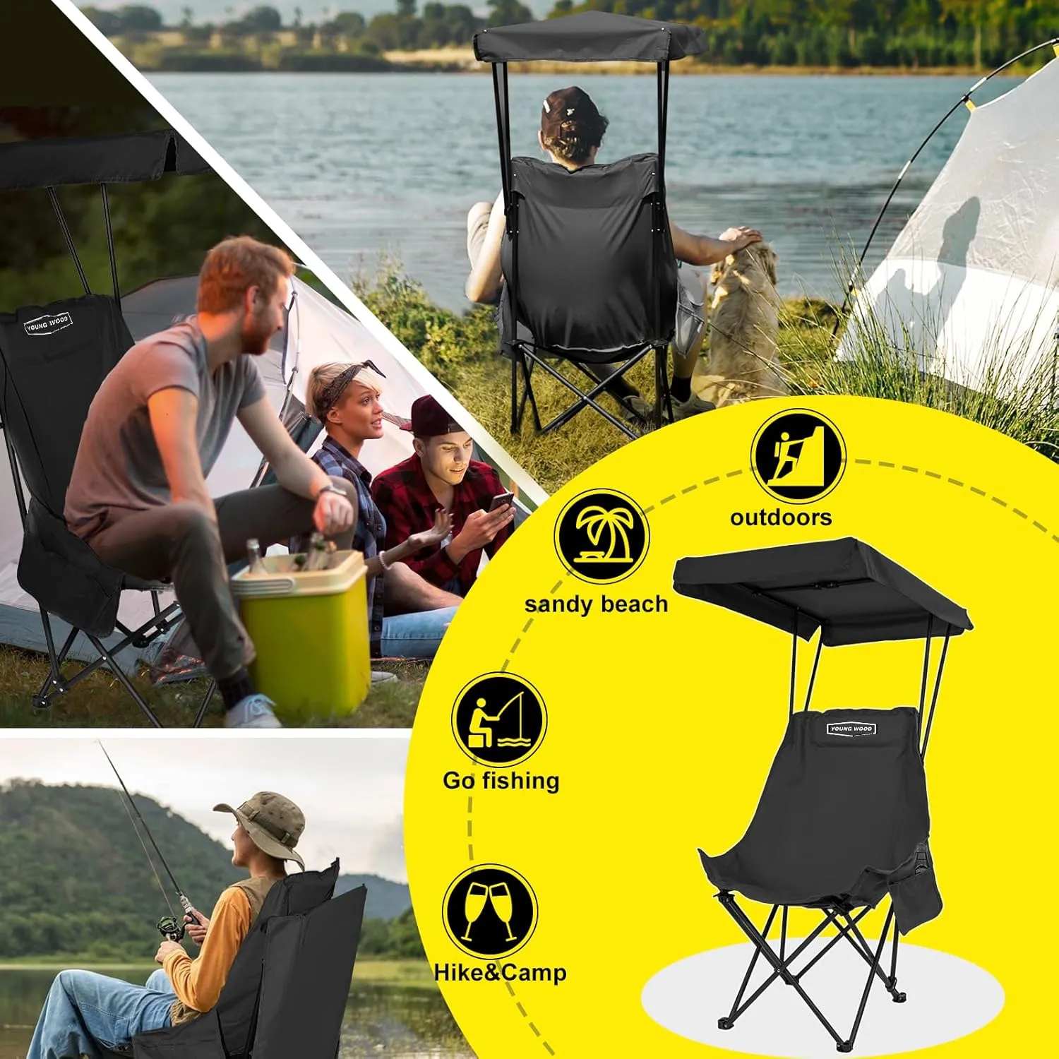 YOUNG WOOD Portable Camping Chair Beach Chair with Shade Canopy, Fold Lightweight Oversized for All, Easy to Open, Close Without Installation, Side Pocket Design for All Outdoor Activities, Black,2p