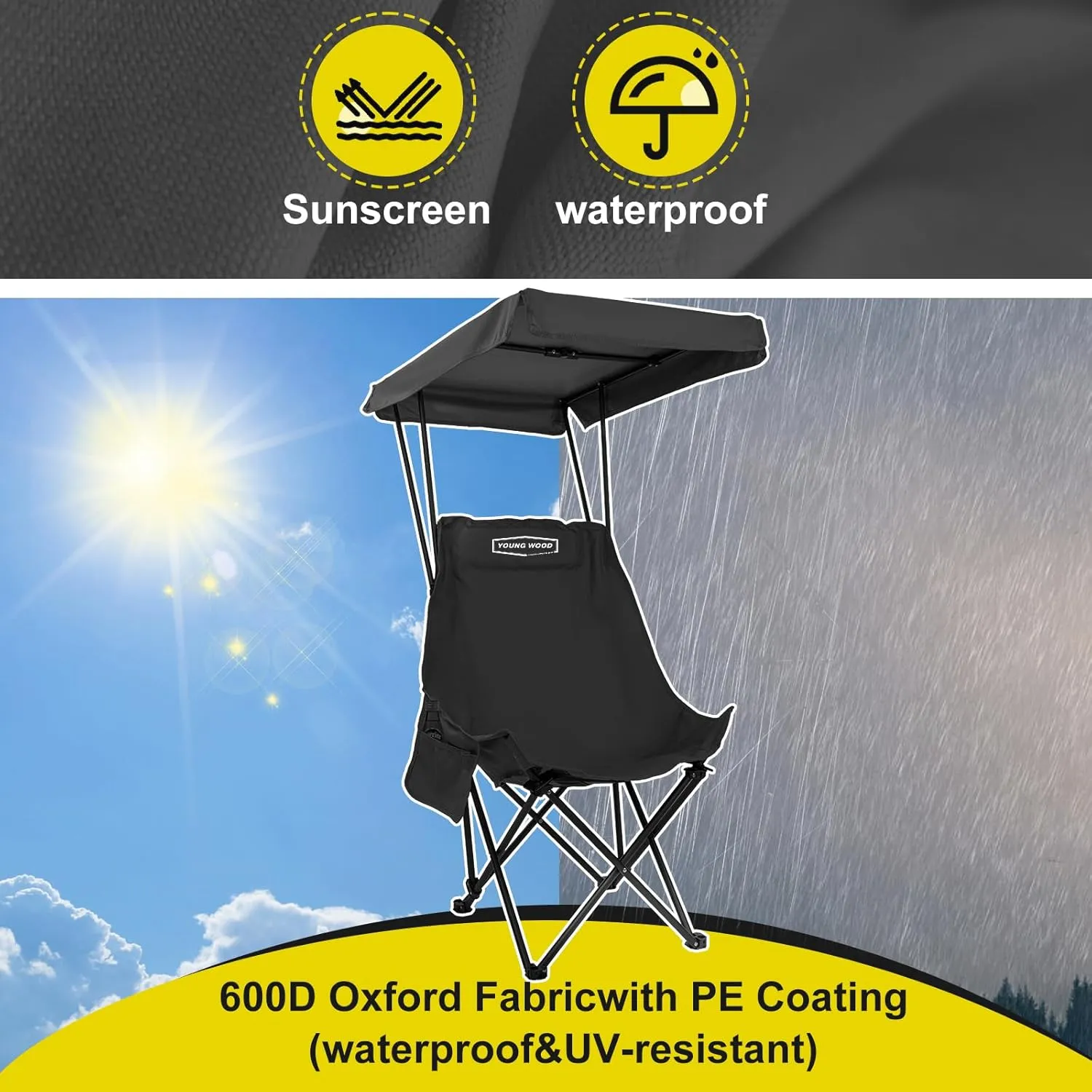YOUNG WOOD Portable Camping Chair Beach Chair with Shade Canopy, Fold Lightweight Oversized for All, Easy to Open, Close Without Installation, Side Pocket Design for All Outdoor Activities, Black,2p