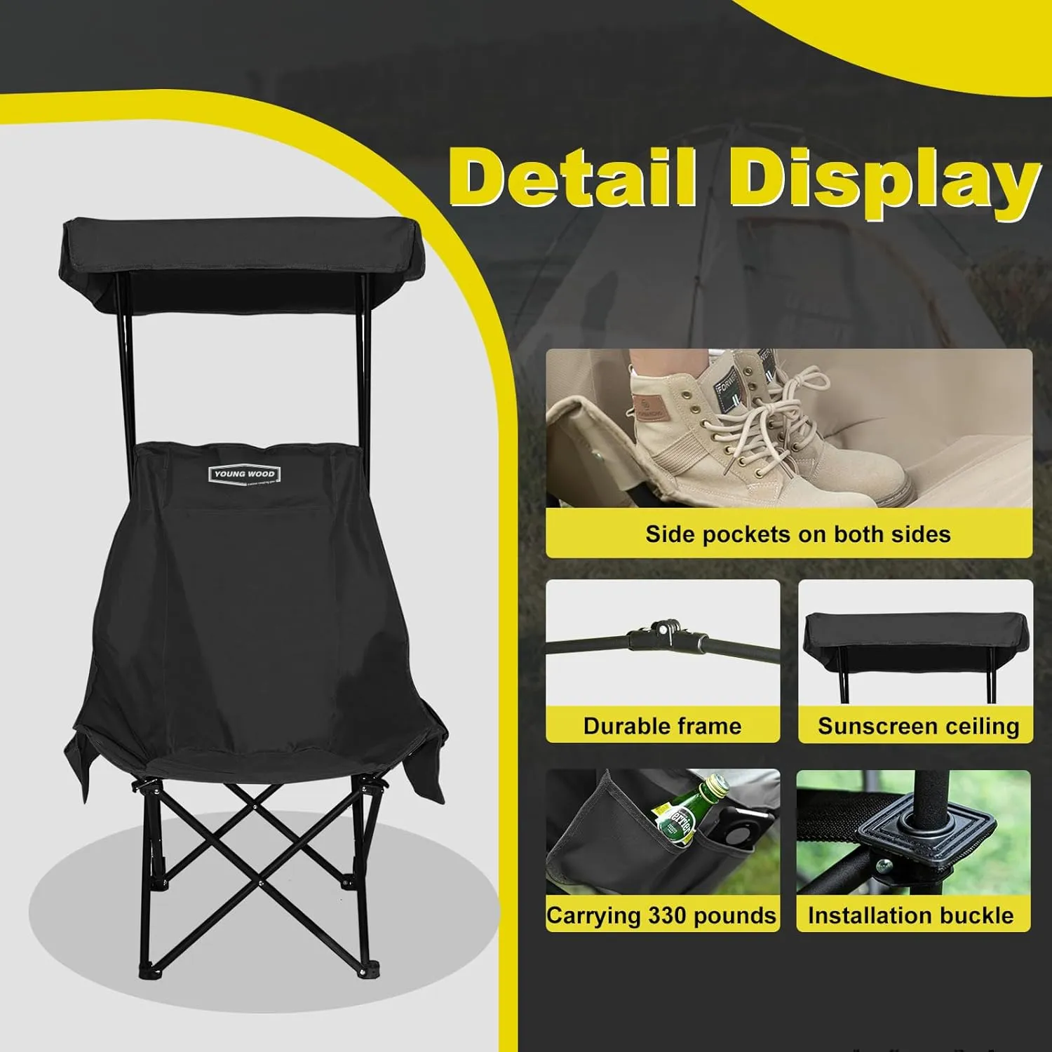 YOUNG WOOD Portable Camping Chair Beach Chair with Shade Canopy, Fold Lightweight Oversized for All, Easy to Open, Close Without Installation, Side Pocket Design for All Outdoor Activities, Black,2p
