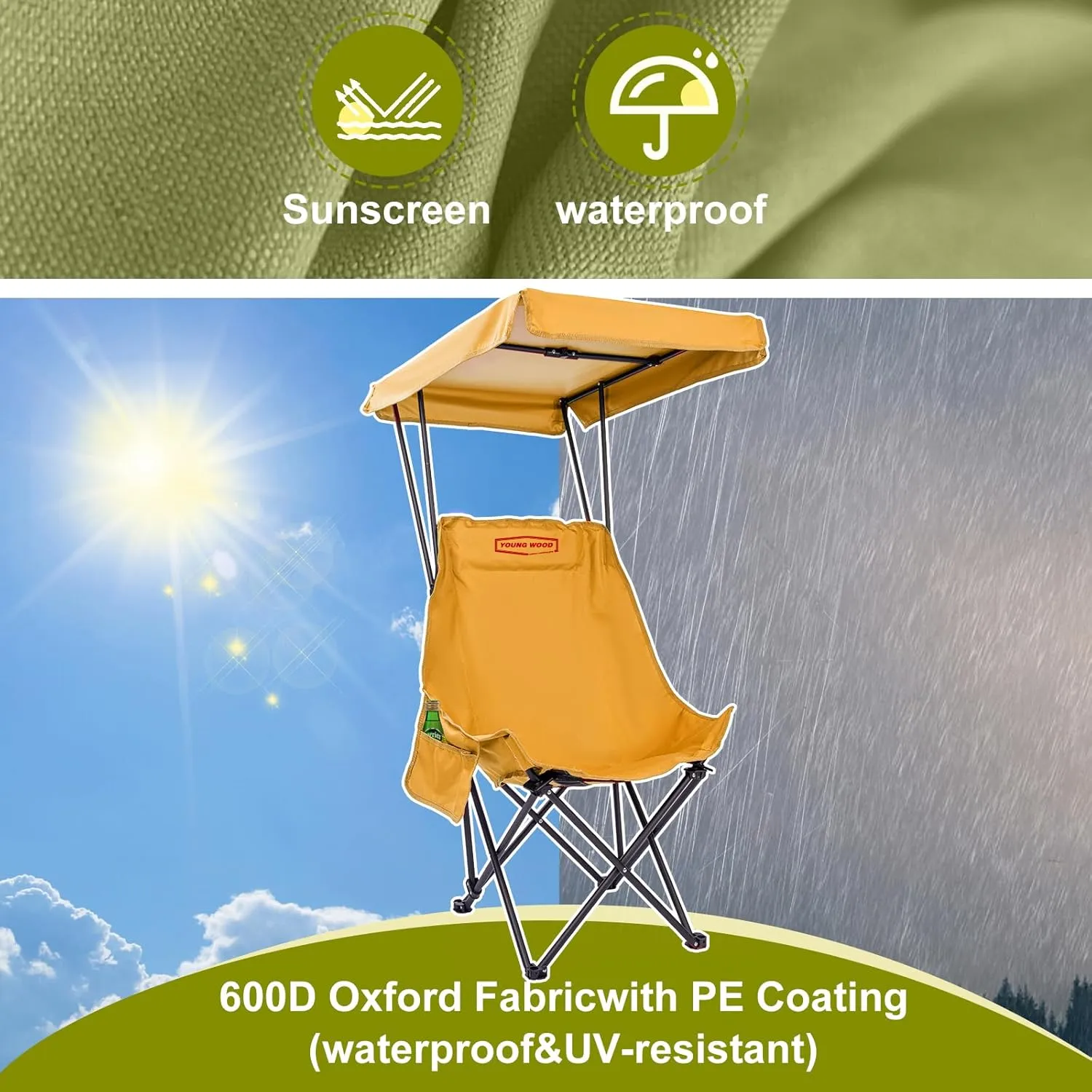 YOUNG WOOD Portable Camping Chair Beach Chair with Shade Canopy, Fold Lightweight Oversized for All, Easy to Open,Close Without Installation, Side Pocket Design for All Outdoor Activities,Turmeric,2p