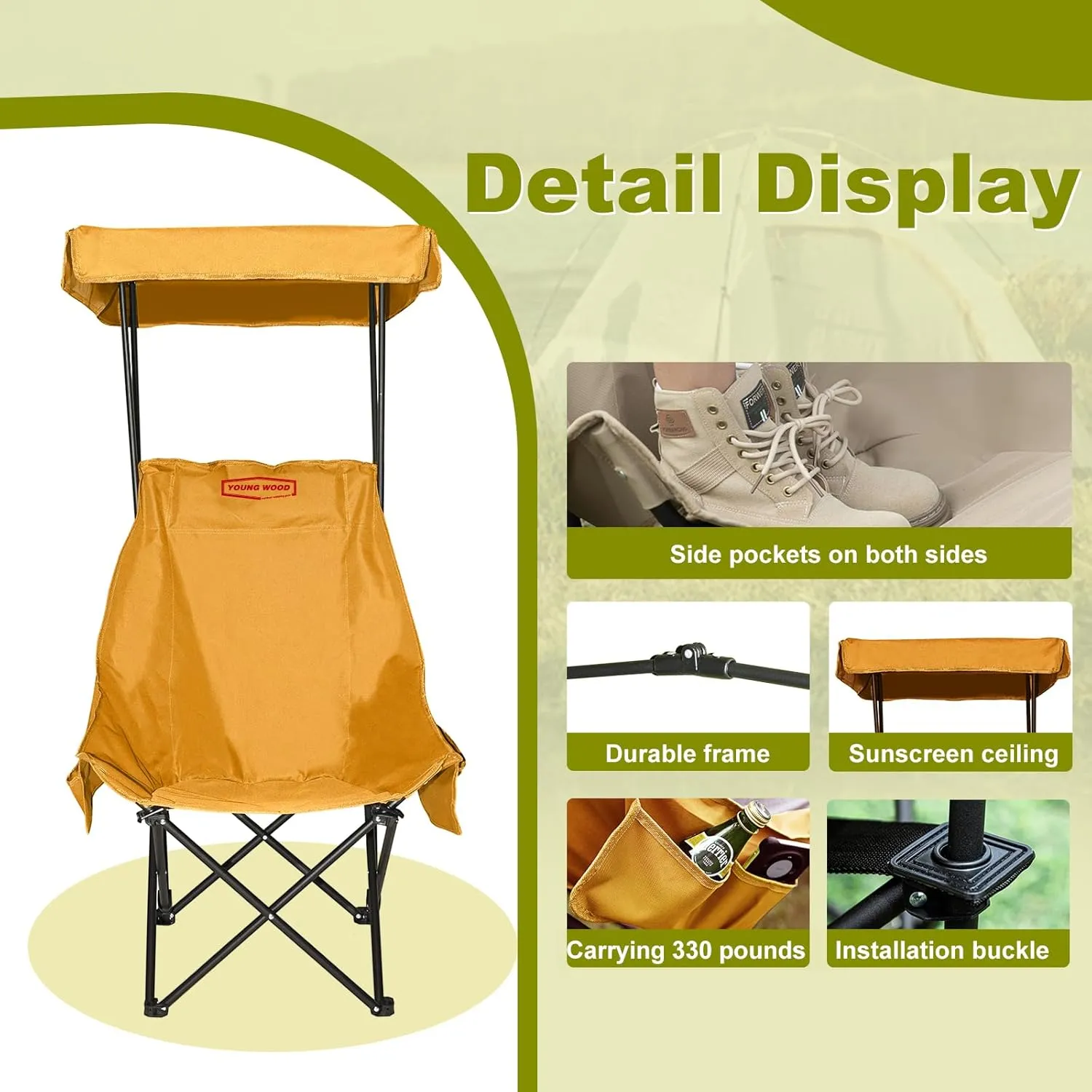 YOUNG WOOD Portable Camping Chair Beach Chair with Shade Canopy, Fold Lightweight Oversized for All, Easy to Open,Close Without Installation, Side Pocket Design for All Outdoor Activities,Turmeric,2p