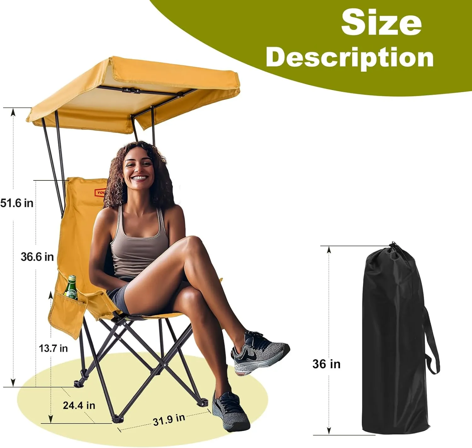 YOUNG WOOD Portable Camping Chair Beach Chair with Shade Canopy, Fold Lightweight Oversized for All, Easy to Open,Close Without Installation, Side Pocket Design for All Outdoor Activities,Turmeric,2p