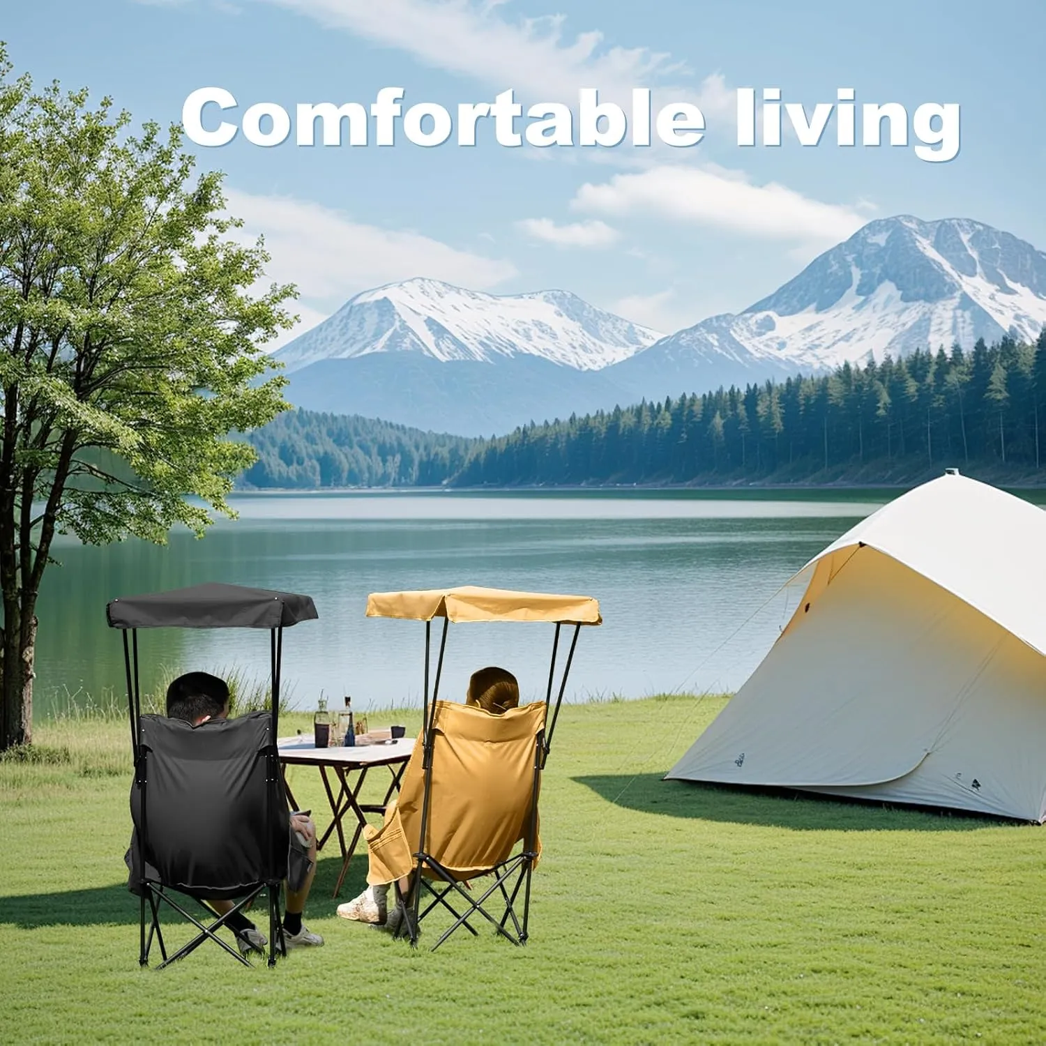 YOUNG WOOD Portable Camping Chair Beach Chair with Shade Canopy, Fold Lightweight Oversized for All, Easy to Open,Close Without Installation, Side Pocket Design for All Outdoor Activities,Turmeric,2p