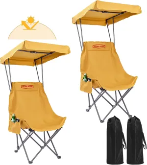 YOUNG WOOD Portable Camping Chair Beach Chair with Shade Canopy, Fold Lightweight Oversized for All, Easy to Open,Close Without Installation, Side Pocket Design for All Outdoor Activities,Turmeric,2p