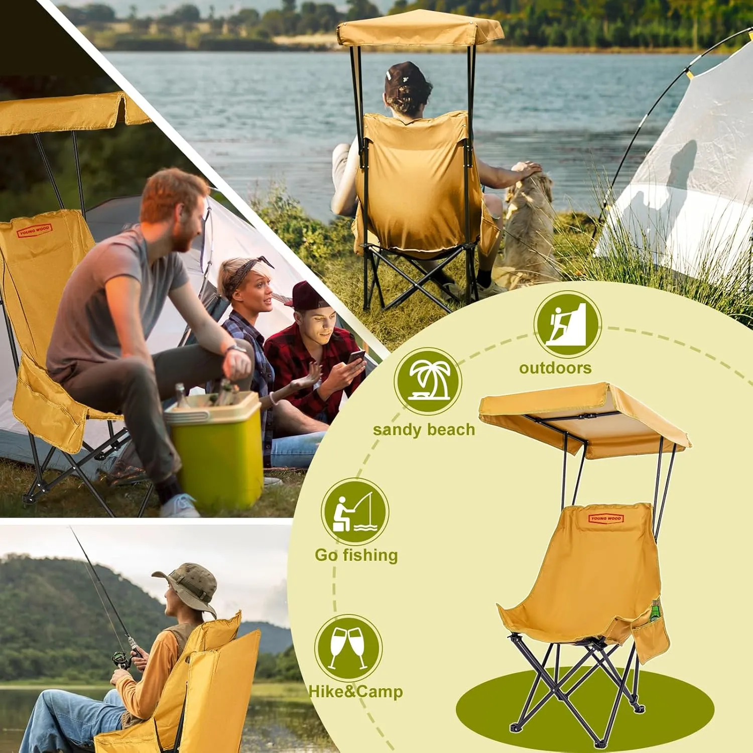 YOUNG WOOD Portable Camping Chair Beach Chair with Shade Canopy, Fold Lightweight Oversized for All, Easy to Open,Close Without Installation, Side Pocket Design for All Outdoor Activities,Turmeric,2p