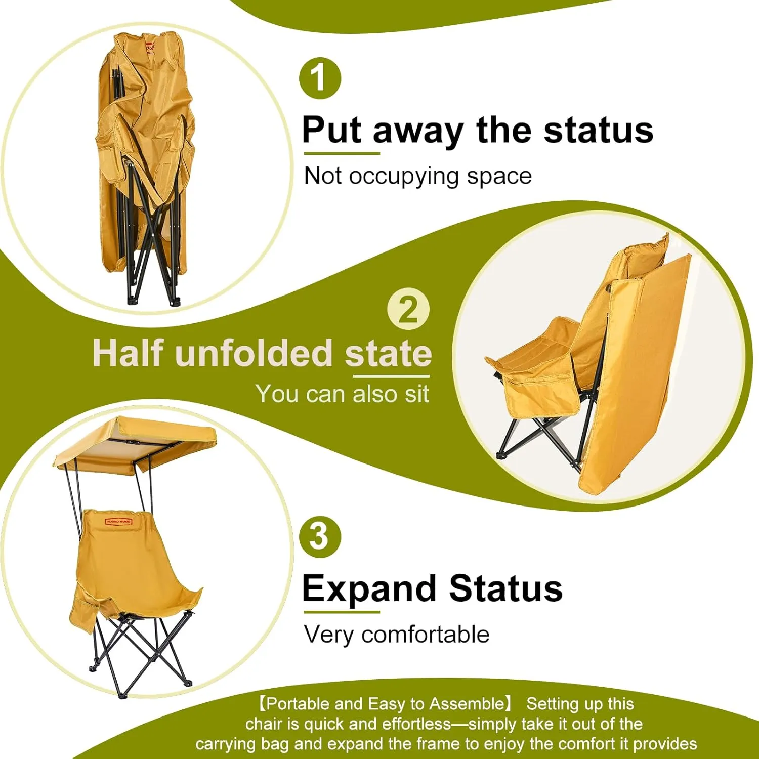 YOUNG WOOD Portable Camping Chair Beach Chair with Shade Canopy, Fold Lightweight Oversized for All, Easy to Open,Close Without Installation, Side Pocket Design for All Outdoor Activities,Turmeric,2p