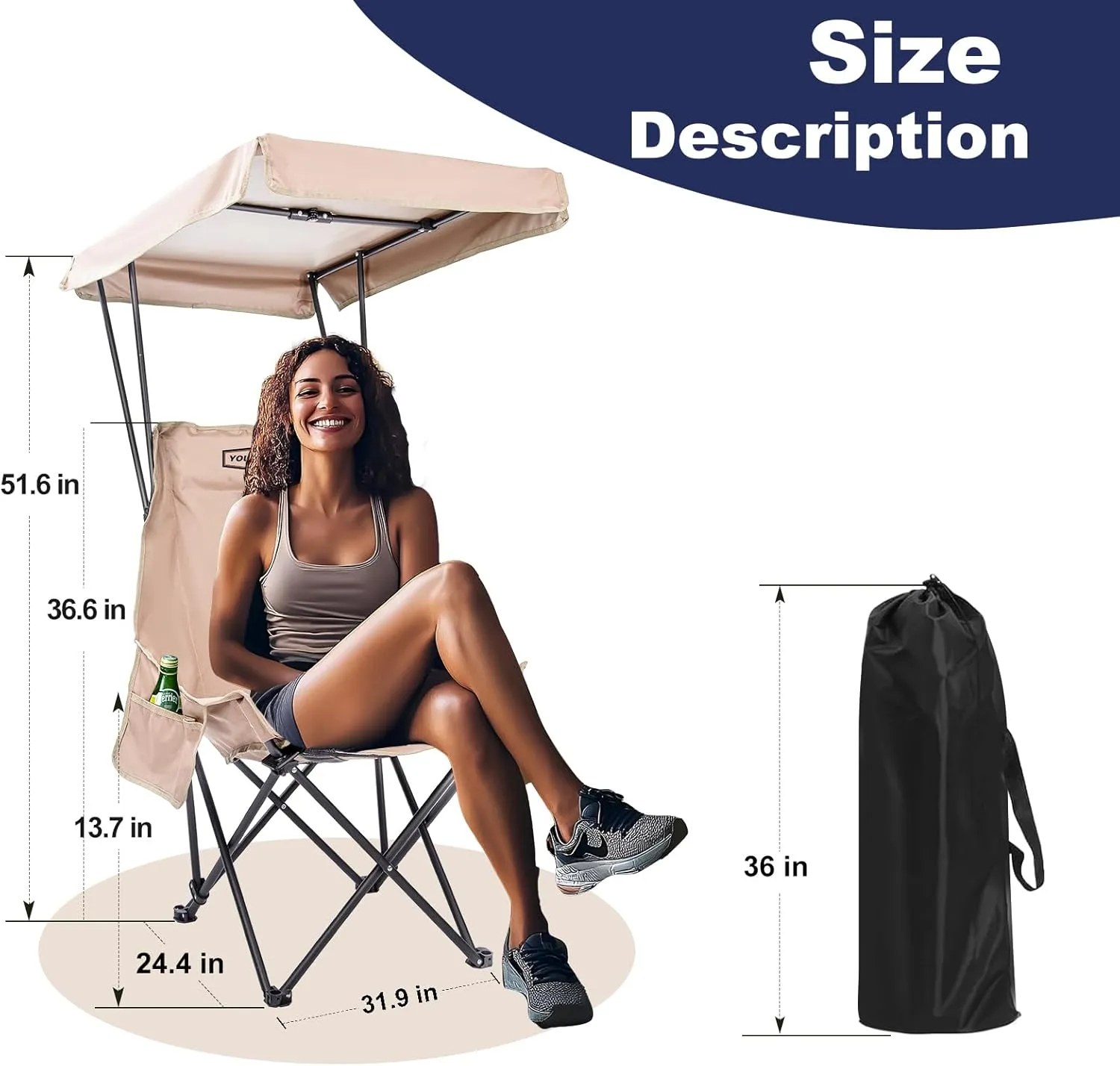 YOUNG WOOD Portable Camping Chair Beach Chair with Shade Canopy, Fold Lightweight Oversized Suit for All, Easy to Open,Close Without Installation, Side Pocket Design for All Outdoor Activities,Khaki
