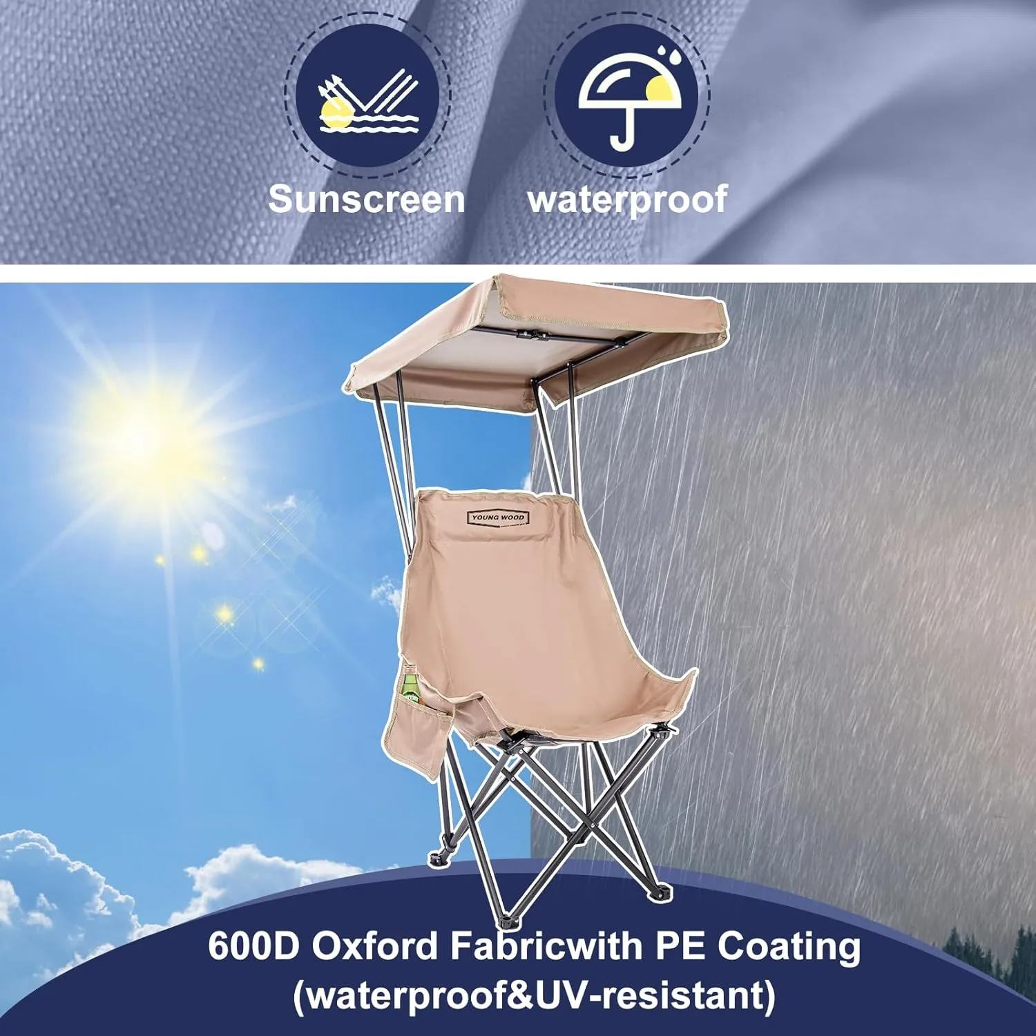 YOUNG WOOD Portable Camping Chair Beach Chair with Shade Canopy, Fold Lightweight Oversized Suit for All, Easy to Open,Close Without Installation, Side Pocket Design for All Outdoor Activities,Khaki